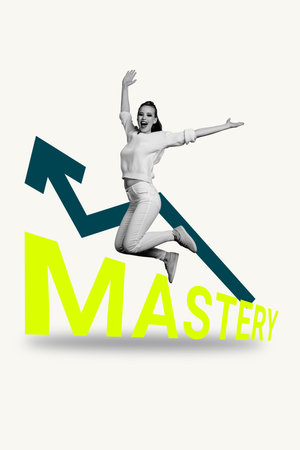 Creative vertical exclusive photo collage of excited businesswoman jump mastery success development arrow progress statsの写真素材