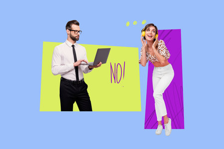 Collage showing texting reaction with denial symbolizing online communication and social media issuesの写真素材