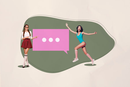 Composite pop trendy magazine photo collage of happy girl guy stand colorful communication icon chat dialogue phrase speechの写真素材
