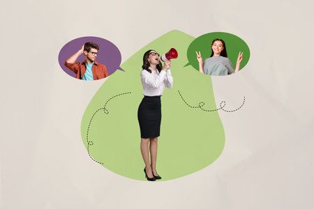 3d poster image full pop art collage of happy girl guy hold laptop phone type distance message communication chat icon phraseの写真素材