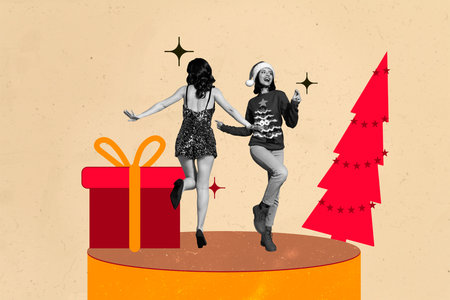 Banner artwork trend collage of two happy girls dance together weekend new year tree celebration holiday present box chillの写真素材