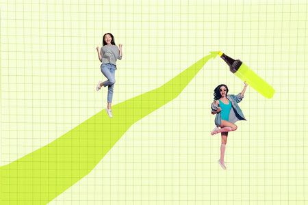 Banner pop 3d zine full collage of happy businessman businesswoman run marker arrow development...