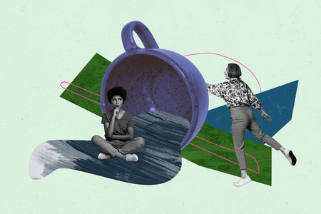 Image pop 3d zine collage of happy girl guy stand puddle coffee cup liquid tea cup bliss ceremony cafe order herbal beverageの写真素材