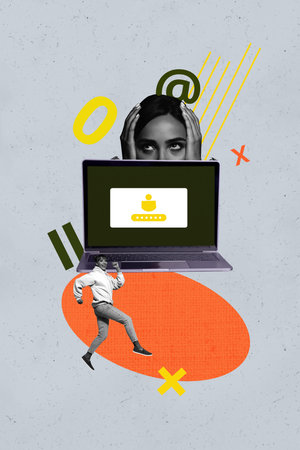 Exclusive artwork banner creative collage of happy girl guy peek laptop password lock private information access cyberattackの写真素材