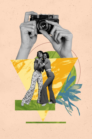 Banner art creative trend collage of happy girl guy stand hands hold photo camera shooting retro device paparazzi cadre captureの写真素材