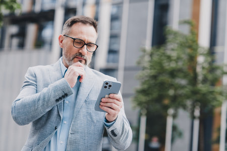 Businessman in a light blue suit using smartphone in a modern city street conveying professional focus and urban successの写真素材
