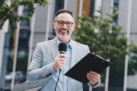 Confident mature businessman in modern city delivers outdoor business presentation wearing suit with clipboard and microphoneの写真素材
