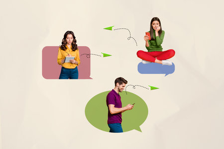 Zine banner full photo pop collage of happy girl guy peek communication bubble distance correspondence chat dialogue phraseの写真素材