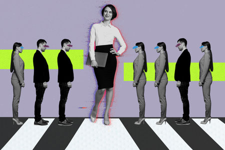 Composite 3d full image photo collage of big businesswoman boss stand human resources recruitment vacancy candidate searchの写真素材