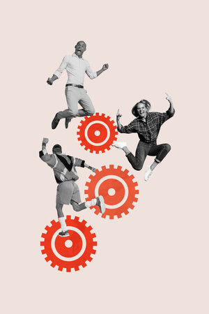 3d image zine poster trend art collage image of happy business partners stand gearwheel optimization aim achievement progressの写真素材