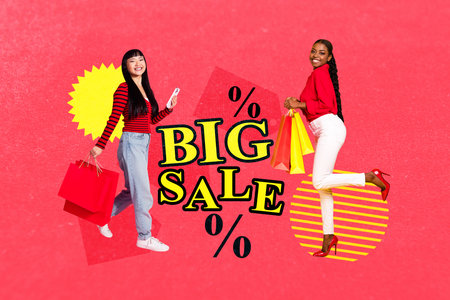 Sketch composite collage trend artwork of two young lady smile stand hold phone purchase percent shopping shopaholic client store rebateの写真素材