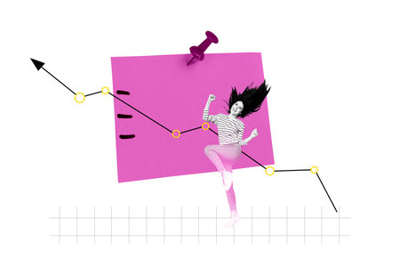 Full image trendy 3d photo collage of happy businesswoman stand arrow development statistics aim achievement progress statsの写真素材