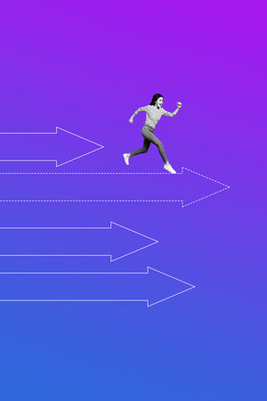 Trend banner artwork 3d photo collage of happy businesswoman run arrow development statistics aim...