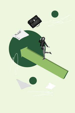 Pop banner collage of person sit arrows with paper plan suitcase on green backgroundの写真素材