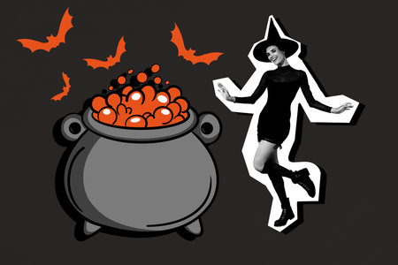 Trend artwork banner sketch 3d photo collage of happy witch girl stand cauldron potion halloween occult ritual bat dark magicの写真素材