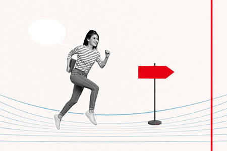 3d zine full image art collage of happy businesswoman businessman run road sign pointer direction progress achievement goalの写真素材