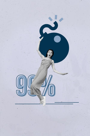 Banner image art vertical photo collage of astonished scared girl guy stand bomb weapon problem pressure percent loadingの写真素材