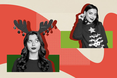 Trendy 3d full image photo collage of two happy girl wear deer headband hold bauble toy decoration new year party preparationの写真素材