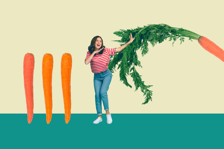 Banner trendy sketch 3d artwork collage poster of astonished girl hold greenery carrot leaves harvest nutrition detox diet foodの写真素材