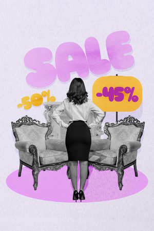 Trend template sketch 3D photo collage of young woman stand retro style armchair furniture final price promotion sale low priceの写真素材
