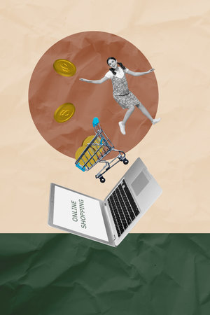 Picture image collage of person stand cart netbook coins on pastel backgroundの写真素材