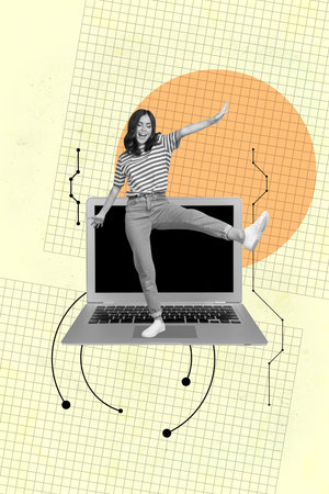 Pop 3d zine vertical collage of happy businesswoman businessman stand laptop device graph development statistics progressの写真素材