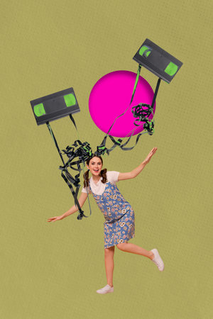 Collage of cheerful person with flying VHS tapes blending retro nostalgia with playful futuristic...