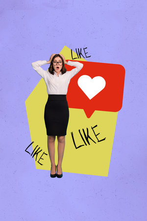 Collage of happy influencer like icon with heart symbolizing internet popularity social media trendsの写真素材