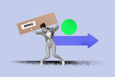 Composite poster image art collage of happy girl guy carry delivery box arrow direction shipment courier service packageの写真素材