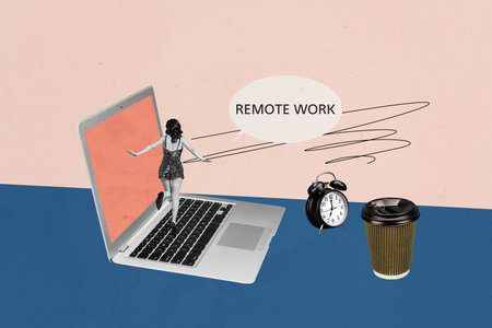 Full image sketch 3d collage poster of happy businesswoman businessman stand laptop alarm clock remote work freelance coffee cupの写真素材