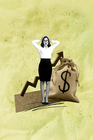 Poster 3d zine image vertical collage of happy businessman businesswoman stand arrow progress dollar bag income capital profitの写真素材