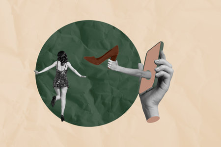 Pop template collage of person sit near phont hold shoes on pastel backgroundの写真素材