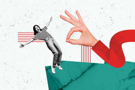 Creative poster banner 3d collage photo of shocked girl stand hand gesture conceptの写真素材