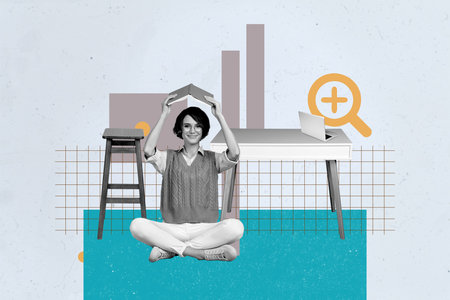 Creative art sketch photo collage of happy businesswoman businessman sit indoor office table magnifier lens zoom vacancyの写真素材