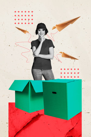 Composite sketch design artwork photo collage of young lady stand smile package box customer service delivery buy post origami plane flyの写真素材