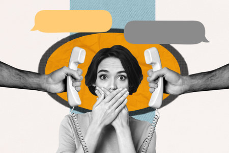 Composite 3d full image photo collage of puzzled girl hold mouth voiceless hands telephone handset bubble pressure workload managerの写真素材