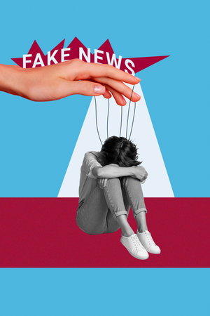 Composite zine pop trend collage of puzzled marionette girl cry hand control roper fake news influence propagandaの写真素材