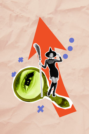 Banner 3d sketch image collage of happy witch girl stand mirror eyeball stare hold broom halloween spell witchcraft autumn eventの写真素材