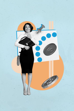 3d sketch image vertical collage of happy businessman businesswoman receive coin income paper sheet sticker to-do listの写真素材