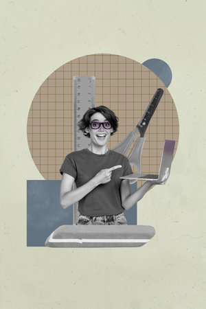 Vertical 3d artwork collage of happy guy girl stand school education supplies ruler scissors eraser back to school academicの写真素材