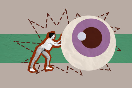 3D collage poster template trend artwork sketch of sticker young woman walk hand hold push huge eye psychedelic look vision search escapeの写真素材