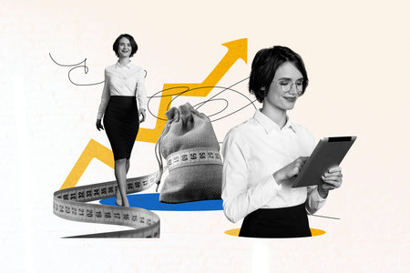 Exclusive 3d full image photo collage of two happy girls freelancer business partners surf ereader arrow progress measure tapeの写真素材