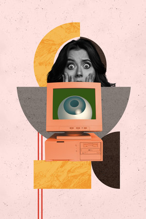 Art vertical photo collage of happy girl guy peek pc monitor eyeball stare antivirus protection spyware hacking app all-seeingの写真素材