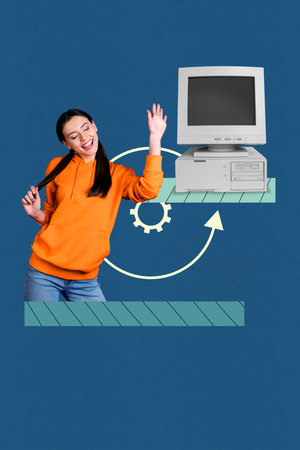 Creative trend collage of person dance stand on blue background with circular shape gear
