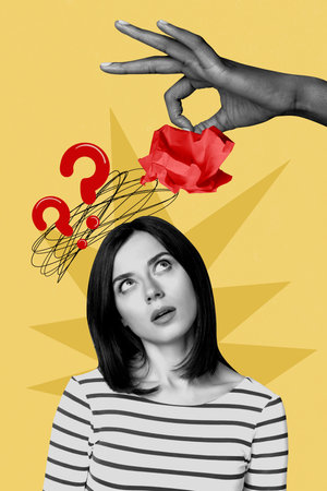 Vertical trendy art image collage of puzzled girl hold head brainstorm migraine pain hands point plan ponder idea contemplationの写真素材