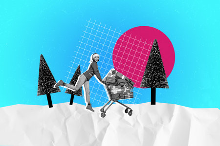 Template sketch artwork collage of young woman walk smile hand hold pushcart trolley gift present holiday christmas winter merry newyearの写真素材