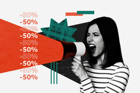 Image artwork banner creative collage of girl grimace scream megaphone announce sale percentage...