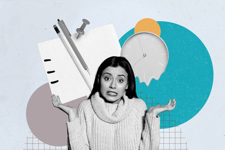 Composite poster art collage of happy freelancer businessman businesswoman stand office hold laptop tome dial expire deadlineの写真素材