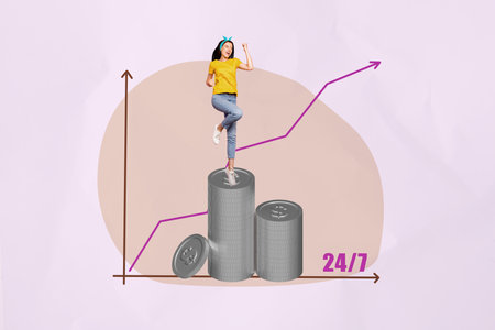 Banner 3d image pop full collage of happy businesswoman businessman stand arrow progress graph coin dollar income capitalの写真素材