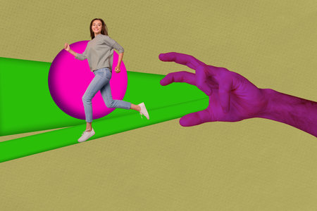 Collage of running woman man escaping large hand symbolizing fear phobia anxiety in surreal playful visual sceneの写真素材